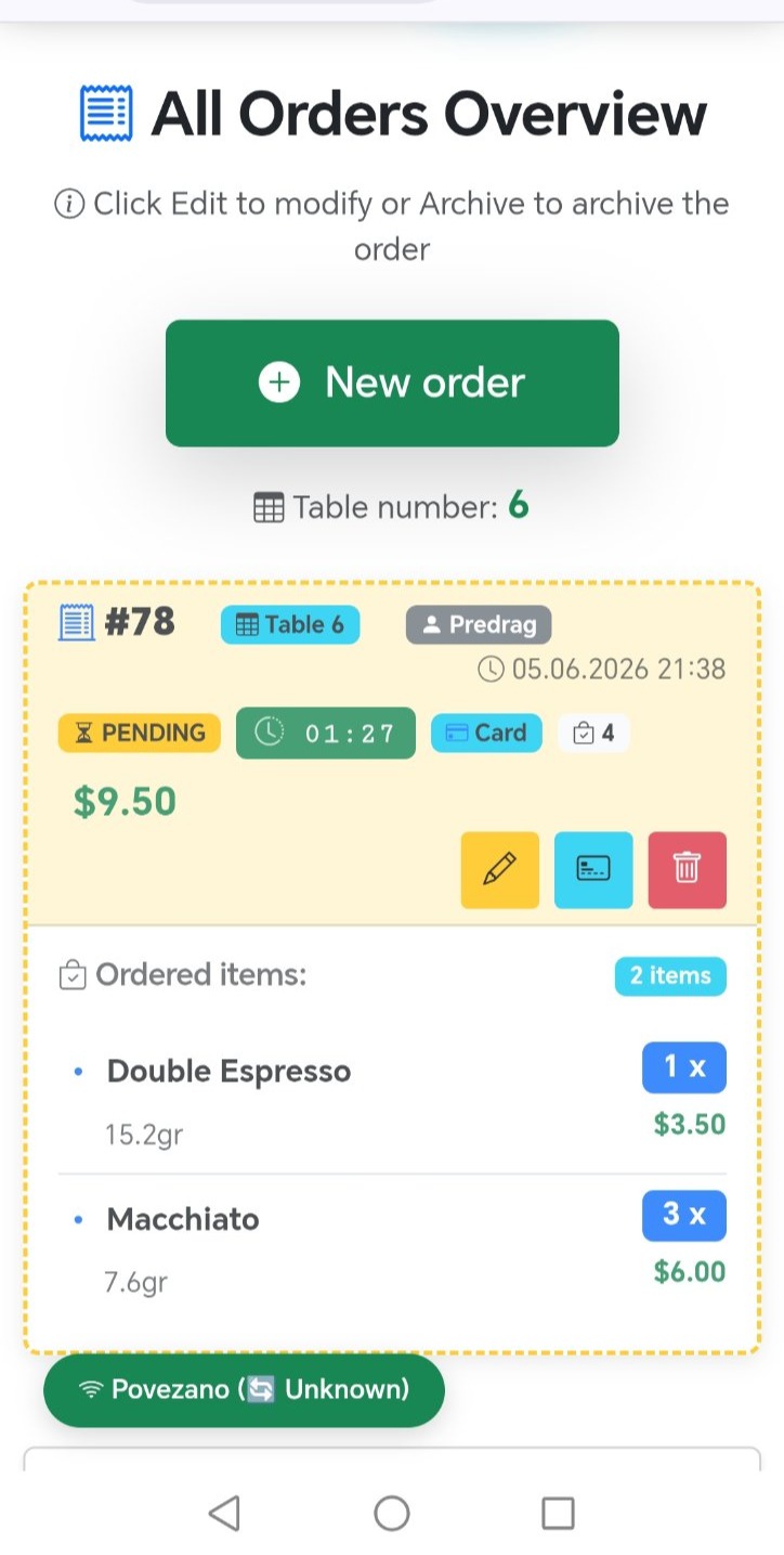 Guest view — all table orders